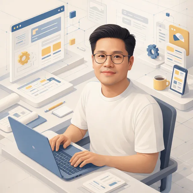 3D-style illustration of jack lim working with laptop